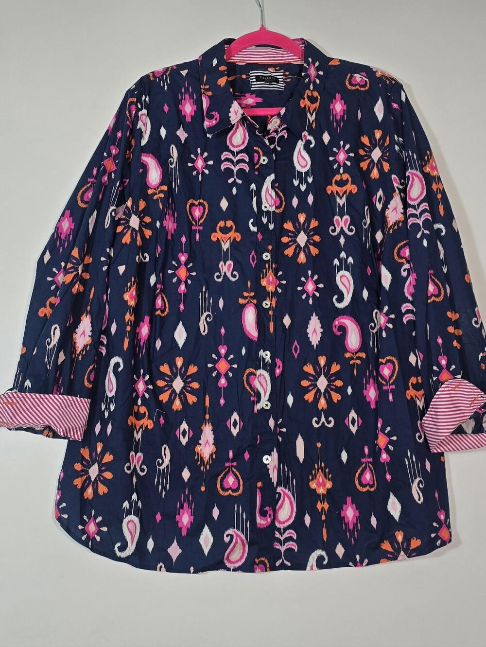 Talbots Plus Navy Pink & Orange Patterned Button-Up Shirt